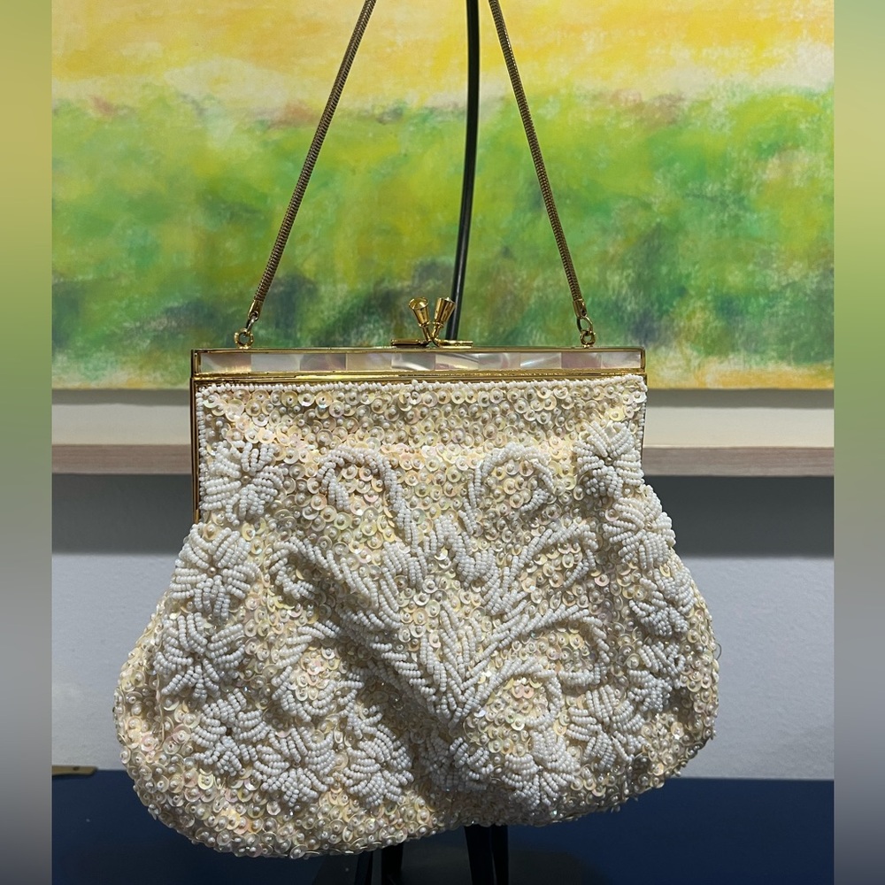 Floral Sequin Beaded Evening Bag Clutch Purse Mother Of Pearl Gold Vintage 60s - Picture 7 of 8